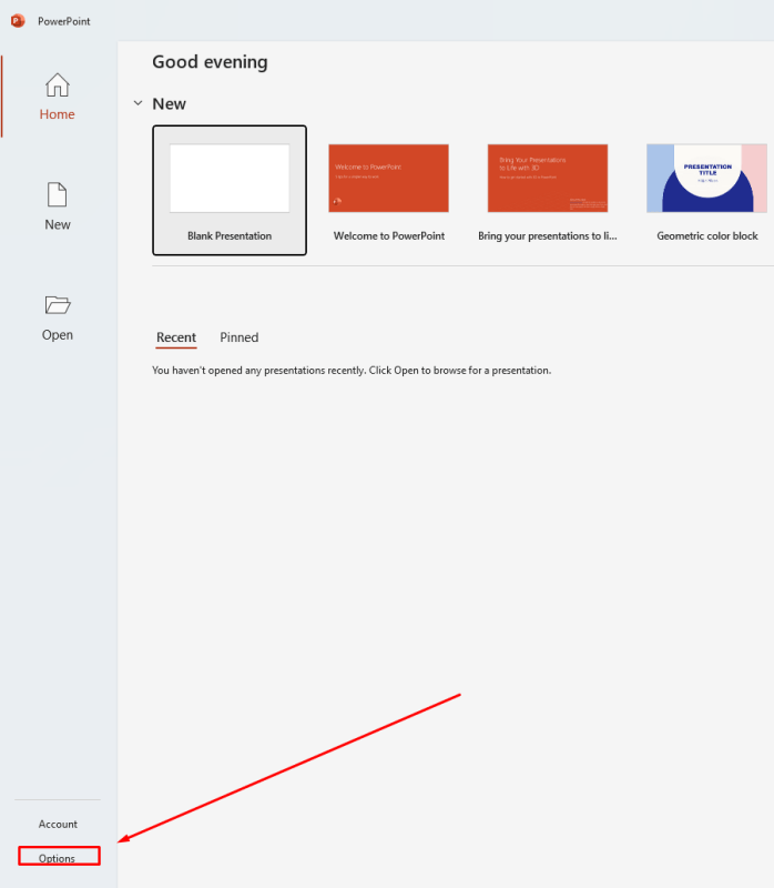 Options in PowerPoint