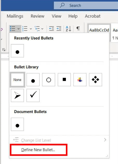 Define New Bullet - Microsoft Word