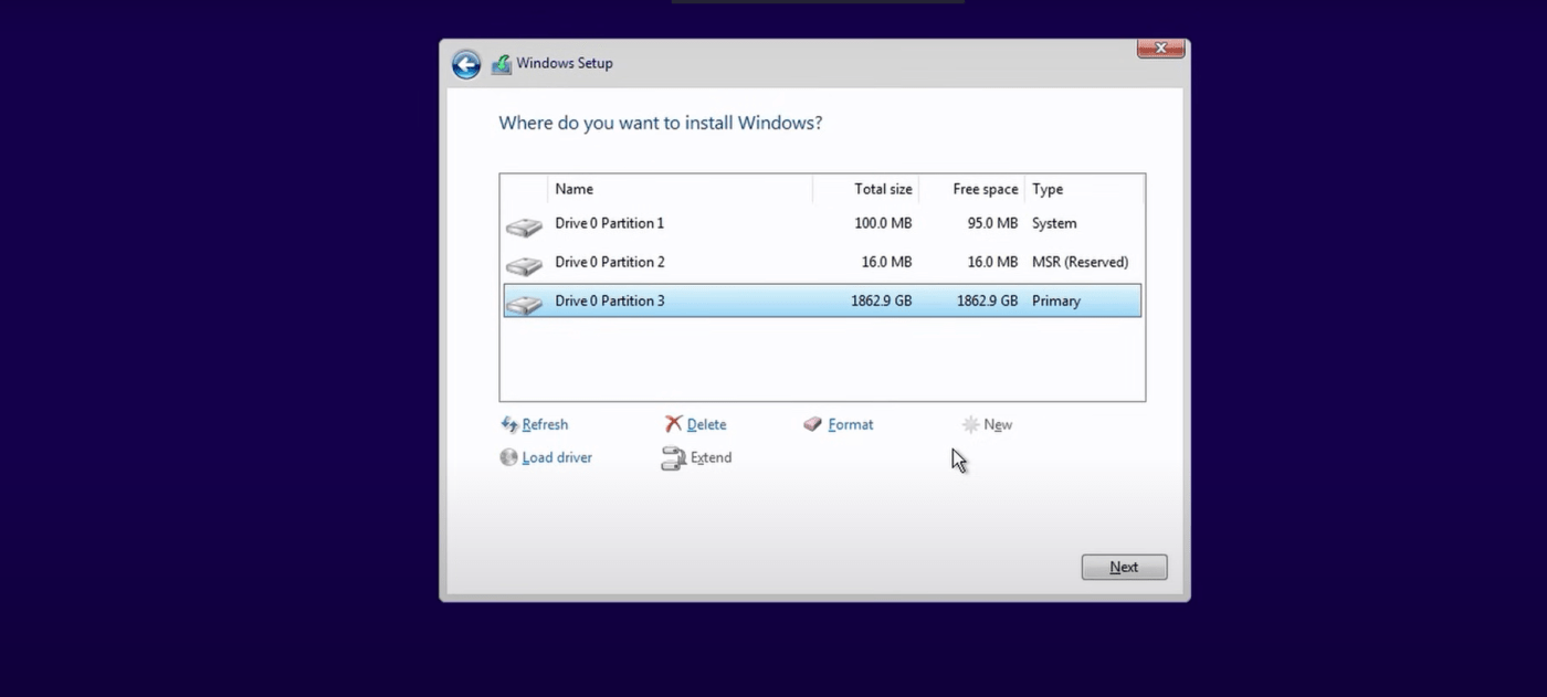 Select the hard drive or partition - Windows 11 Installation