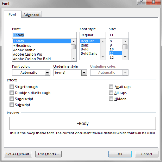 "Font" settings dialog box - Microsoft Word 2021